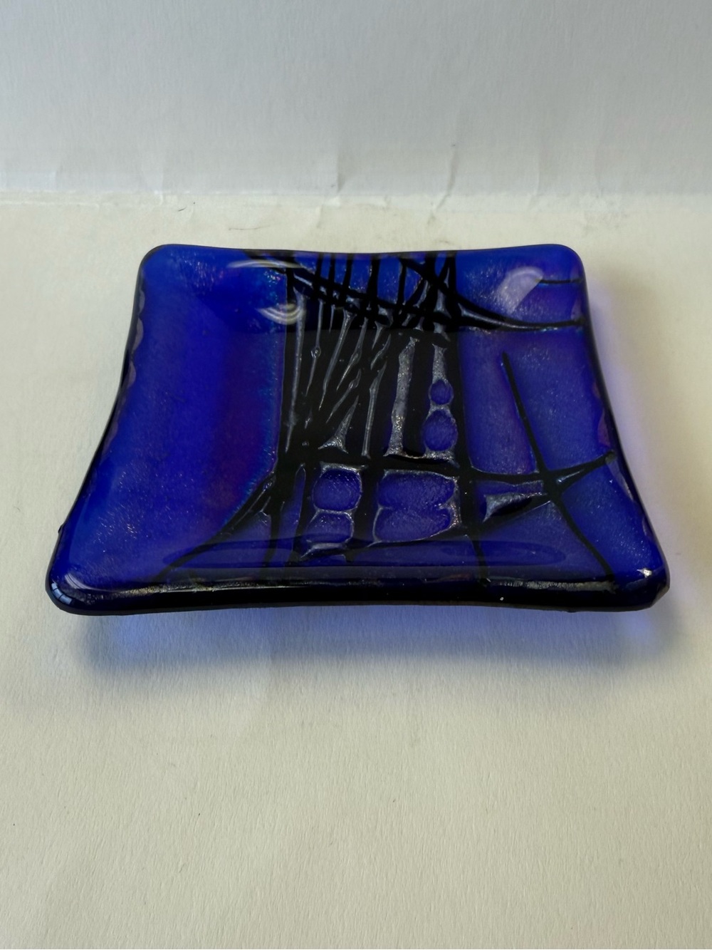 Handmade Cobalt Blue Fused Glass Trinket Dish with Black Abstract Design.